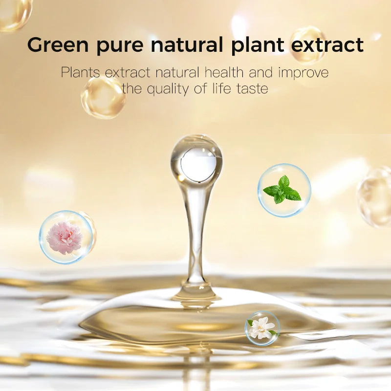 Advertisement for green pure natural plant extract with water droplets and plant icons on a beige background.
