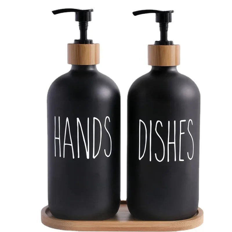 2Pcs 500ml High Quality Glass Soap Dispenser Pump Bottle Refillable Empty Hand Soap Lotion Subpackage Bottle with Wooden Cushion Peaceful Pleasures Health and Wellness