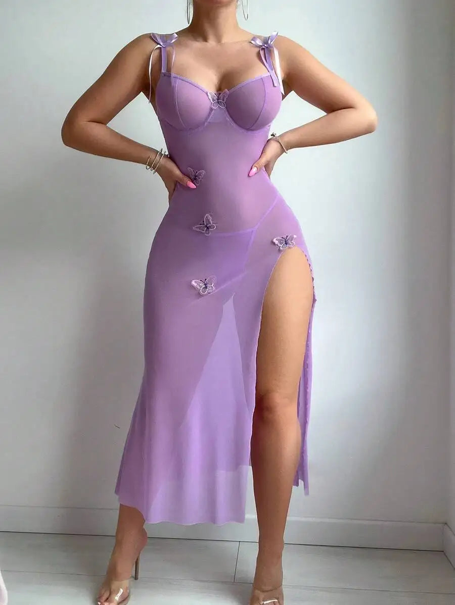 Mesh Backless High-Slit Camisole Lingerie Dress Set