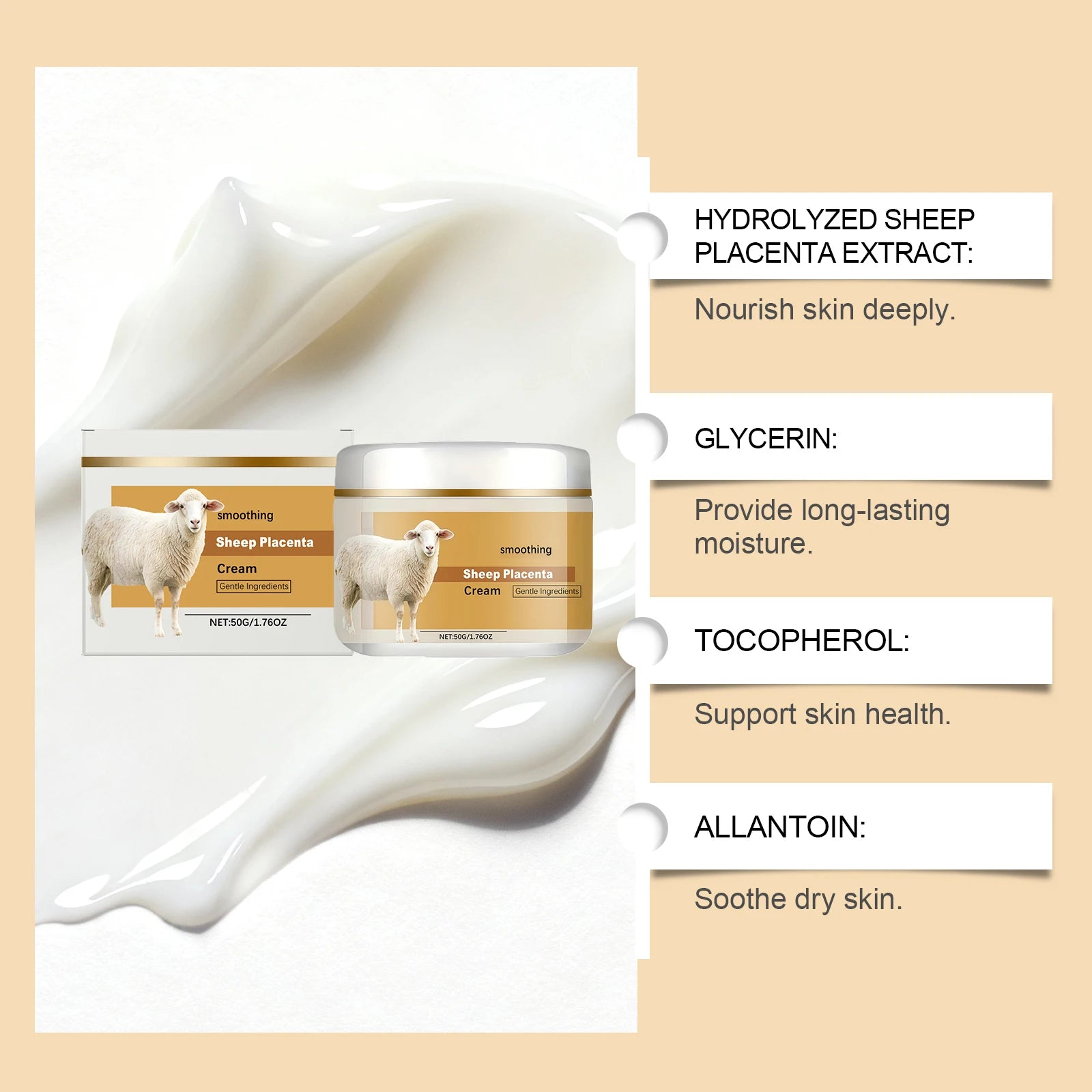 Hydrolyzed Sheep Placenta Cream Firming Lifting Anti-Aging Fade Fine Lines Nourishing Soothing Anti-Wrinkle Facial Cream Skincar Peaceful Pleasures Health and Wellness