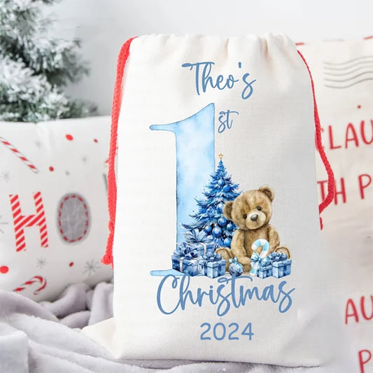 Personalised Teddy Bear Santa Sack | Baby's 1st Christmas Gift Christmas Gift Sack Peaceful Pleasures Health and Wellness