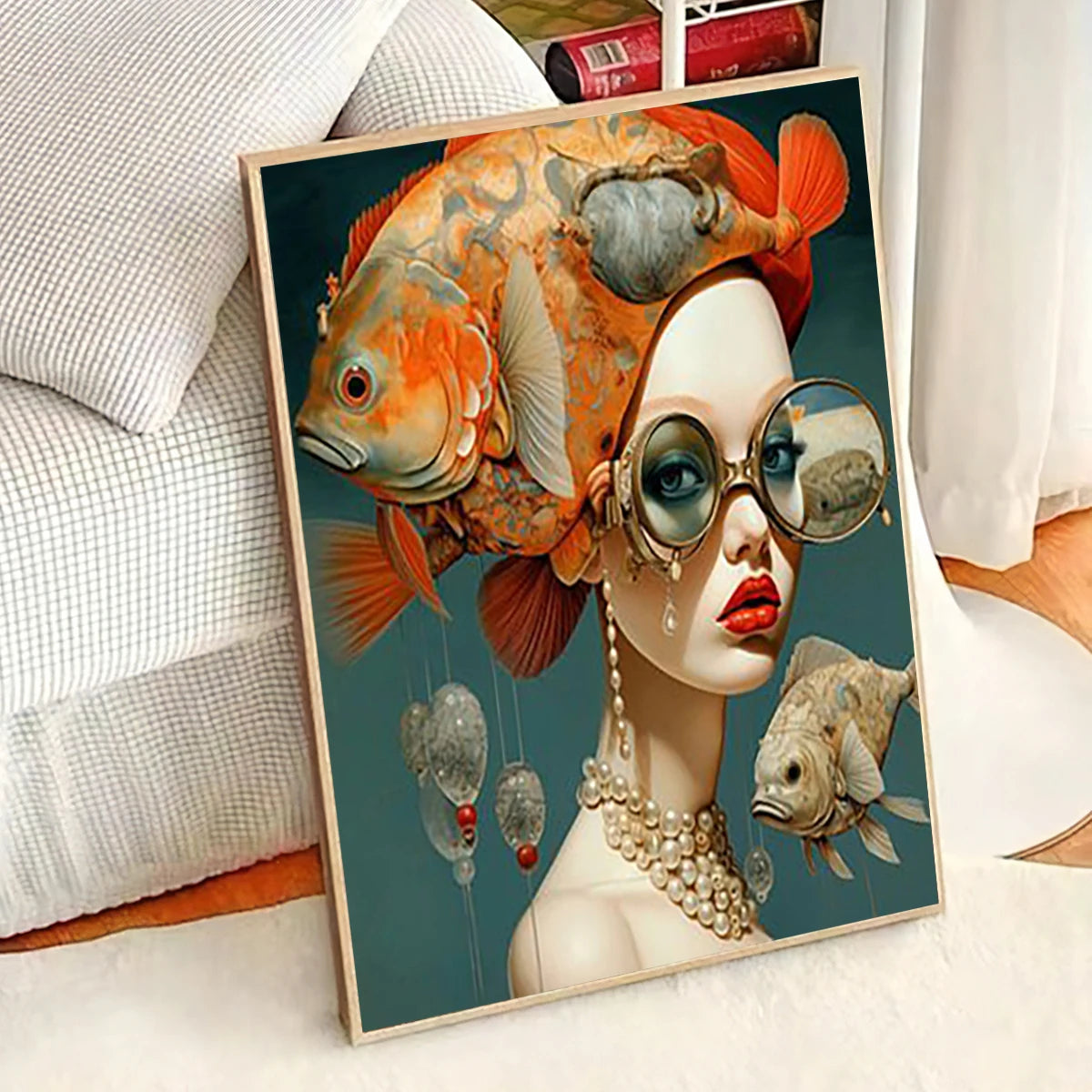 Cartoon Childlike Girl Wearing Glasses in Water Illustration Wall Art Canvas Painting Poster for Living Room Home Decor Trends Peaceful Pleasures Health and Wellness