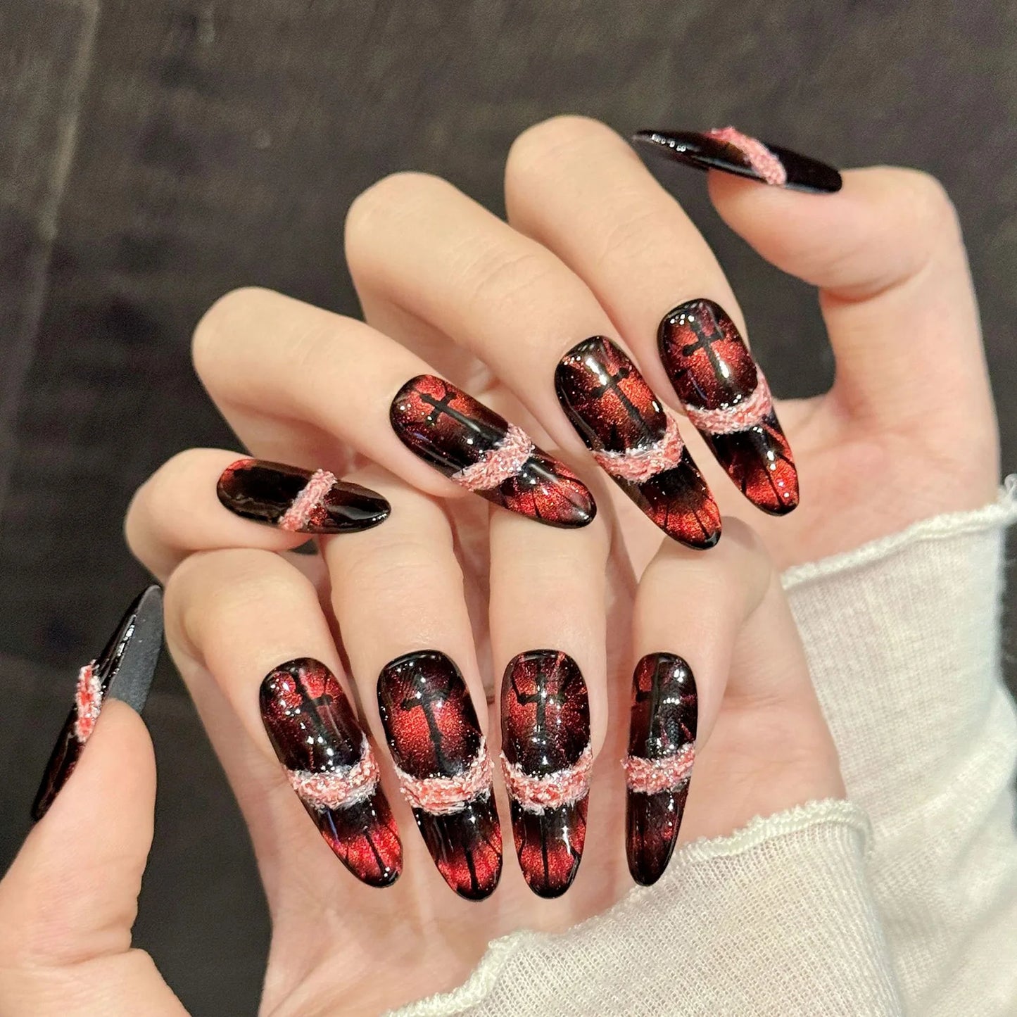 10pcs Handmade Press on Nails Retro Red Brown Cat's Eye Fake Nail Tips Wearable Y2K Long Almond Flash Cool 3D False Nails Decor Peaceful Pleasures Health and Wellness