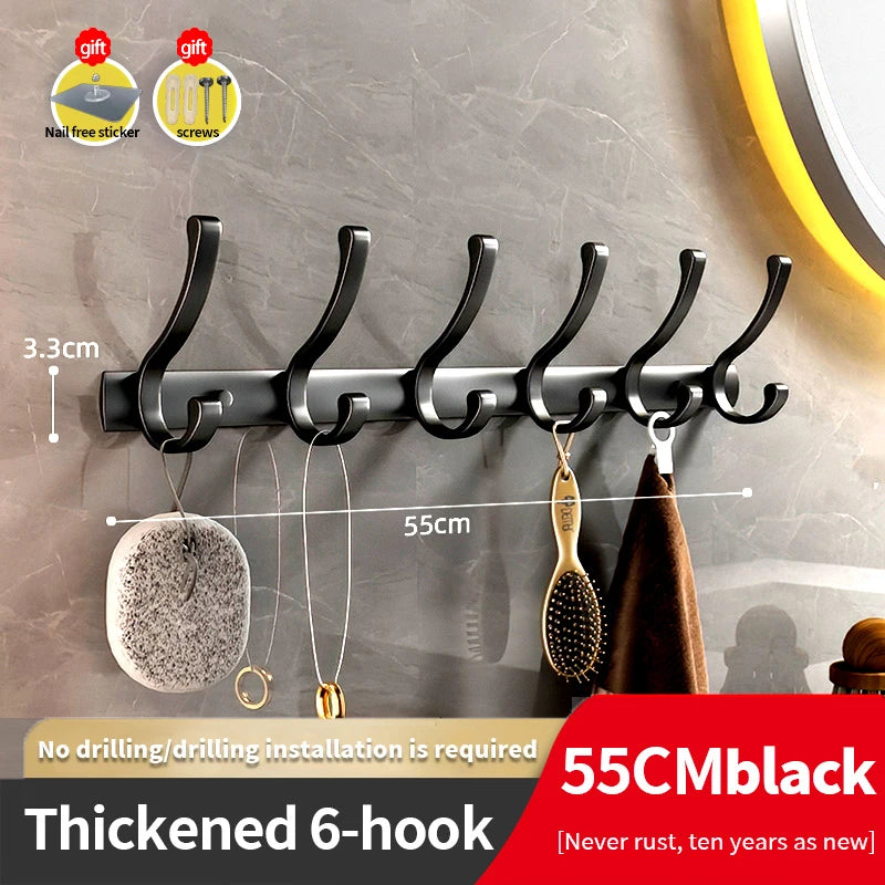 YUNJIEYA 6-Hook Aluminum Wall Hanger | Black White Gun Grey Wall Hook Rack Peaceful Pleasures Health and Wellness thicken Black 6 hook