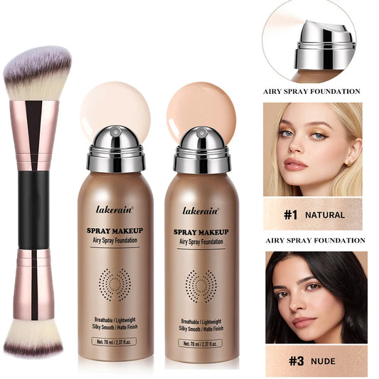 2pcs Spray Foundation With Brush Magic Airbrush Makeup 70ml Long Lasting Water proof Oil Control Matte Full Coverage Peaceful Pleasures Health and Wellness