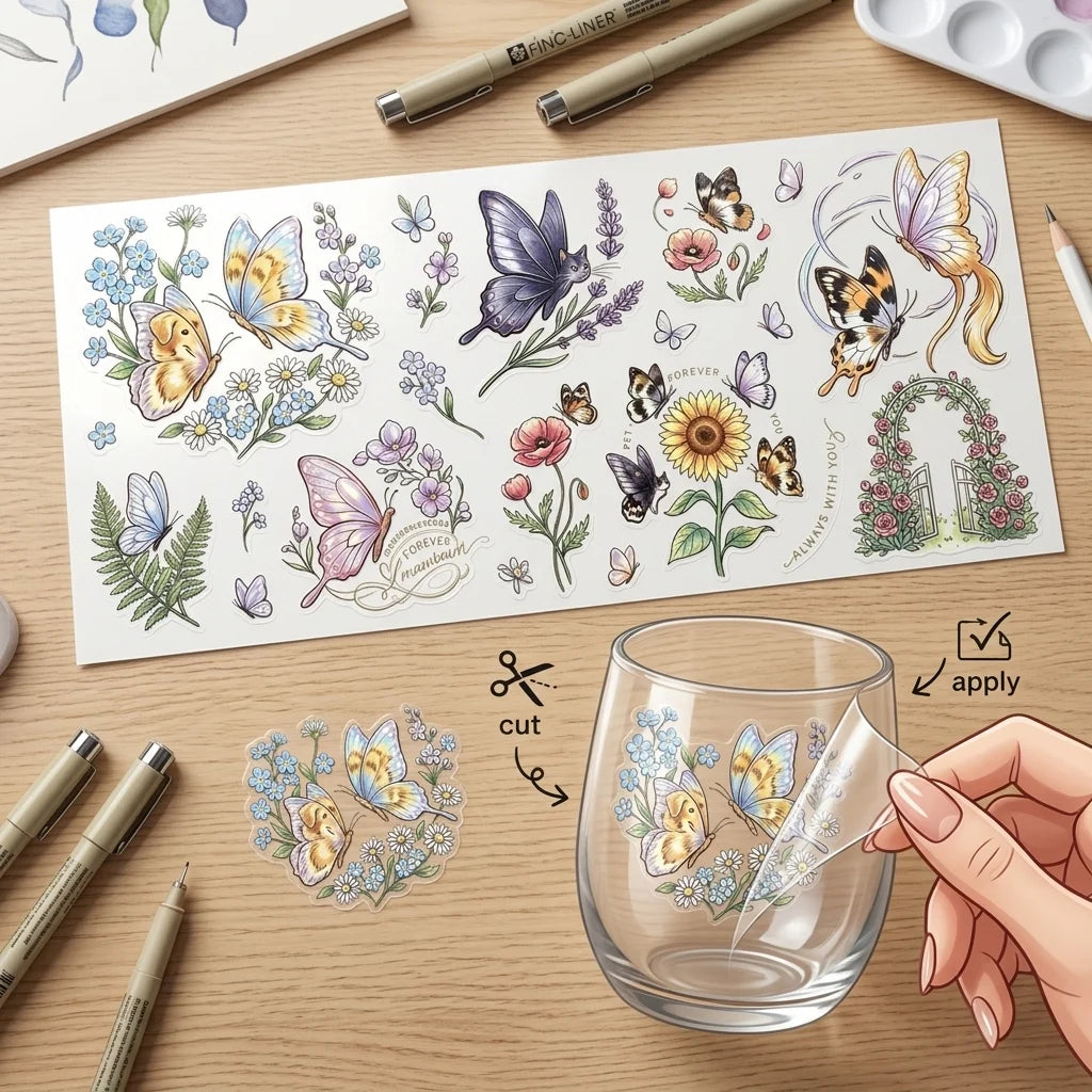 Butterfly Floral UV DTF Stickers – Waterproof Decals for Cups