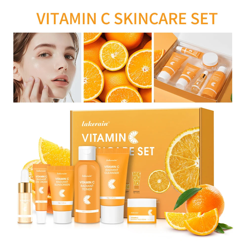 6pcs/set Vitamin C Skin Care Set Deep Cleansing Facial Cleanser Face Cream Moisturizing Anti Wrinkles Face Care Kit Gift Box Peaceful Pleasures Health and Wellness