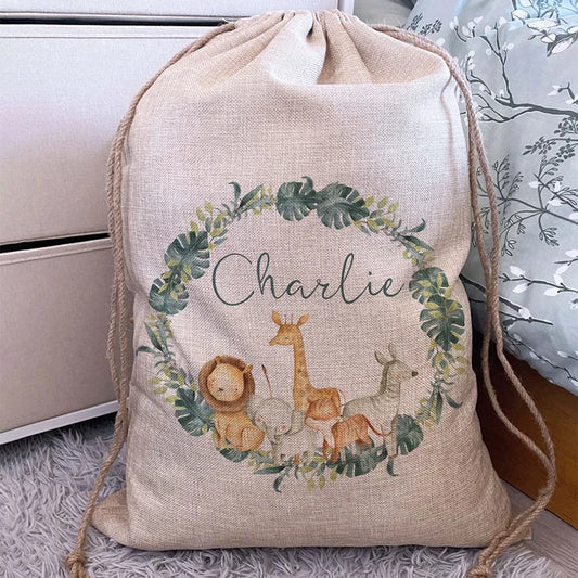 Personalized Safari Jungle Animals Toy Sack | Kids Gift Bag Personalized Gift Bag Peaceful Pleasures Health and Wellness
