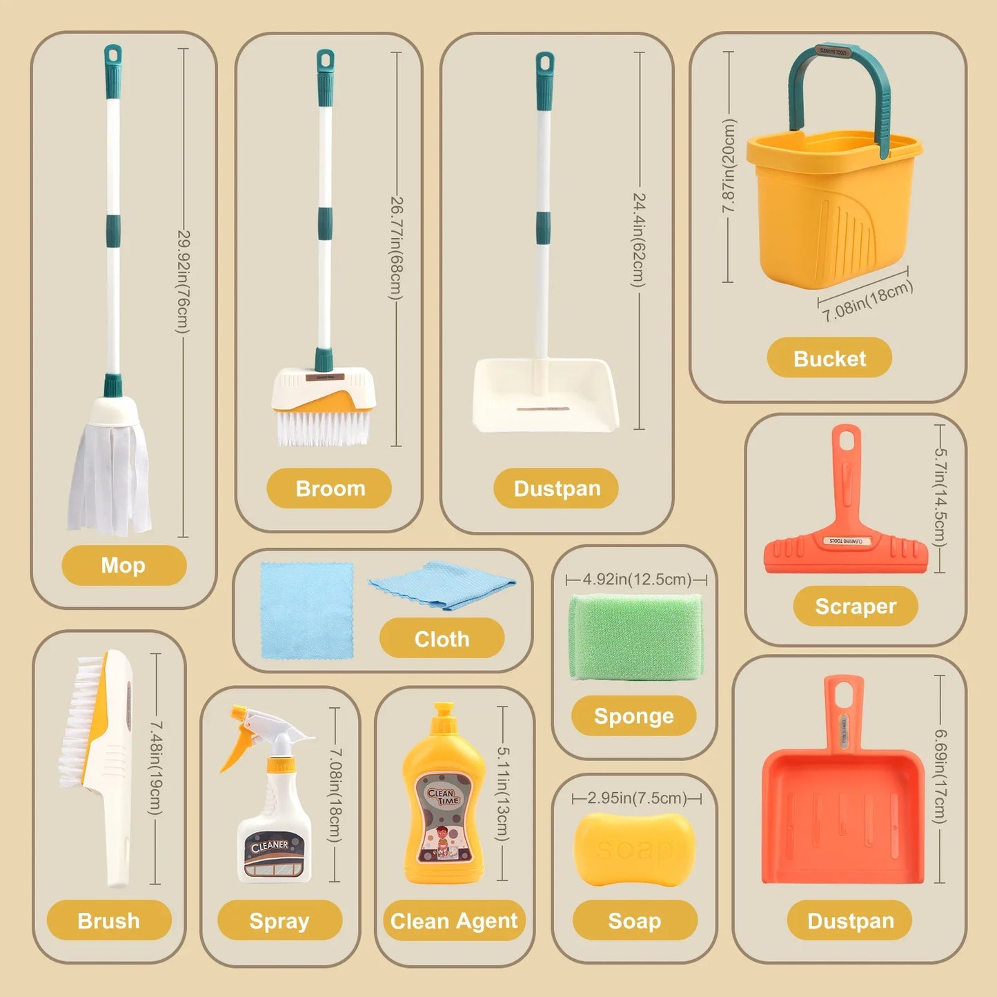 Kids Housework Supplies Cleaning Broom Dustpan Bucket Mop Play House