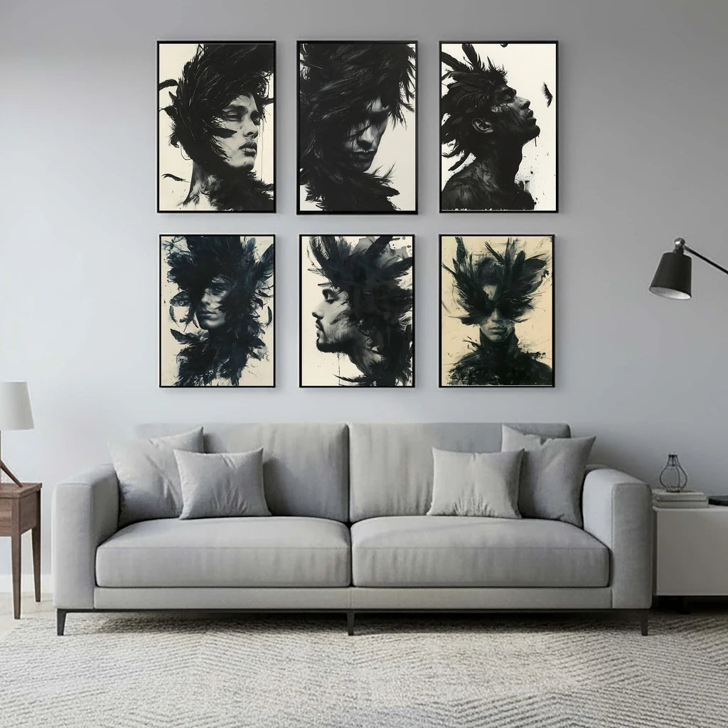 Black & White Feathers Man Canvas Wall Art | Modern Abstract Canvas Wall Art Peaceful Pleasures Health and Wellness