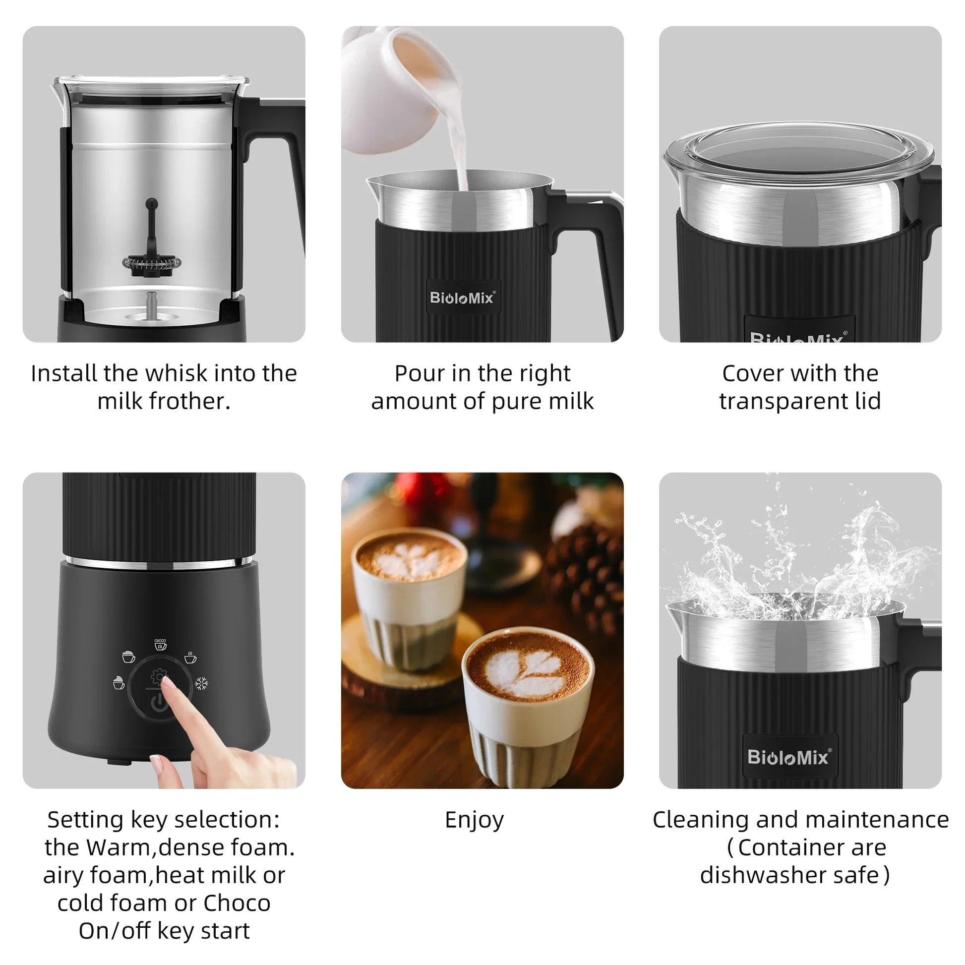 BioloMix 5-in-1 Detachable Milk Frother & Steamer 500W Milk Frother Peaceful Pleasures Health and Wellness