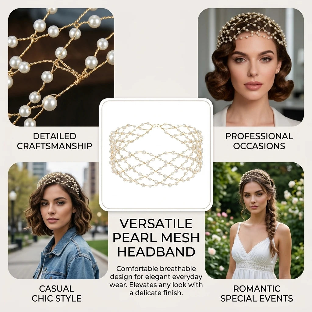 Pearl Embellished Mesh Headband For Women Elastic Net Hair Accessory With Pearl Decoration Peaceful Pleasures Health and Wellness