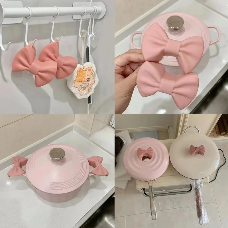2PCS Silicone Oven Mitts Creative Bow Shape Oven Gloves Heat Resistant Pot Holders for Cooking Mini Oven Gloves Kitchen Tool Hot Peaceful Pleasures Health and Wellness