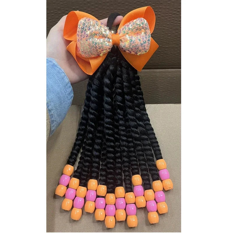Girls Braided Ponytails with Beads & Bow – 2-Pack Glitter Set