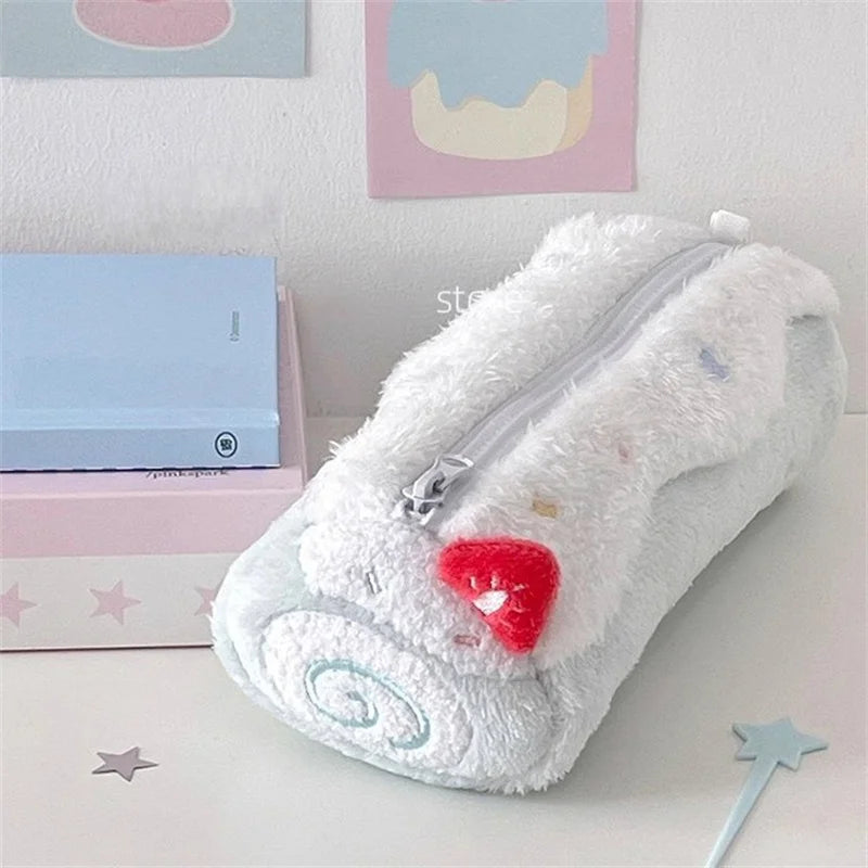 1pc Cream Swiss Roll Plush Pen Bag Cute High Beauty Student Large Capacity Desktop Stationery Box Pen Bag Peaceful Pleasures Health and Wellness