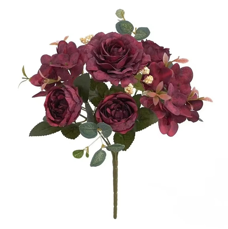 Retro Hydrangea Core Fake Peony Bouquet Simulation Wholesale Wedding Staircase Decorative Artificial Flowers Silk Flowers Peaceful Pleasures Health and Wellness Red