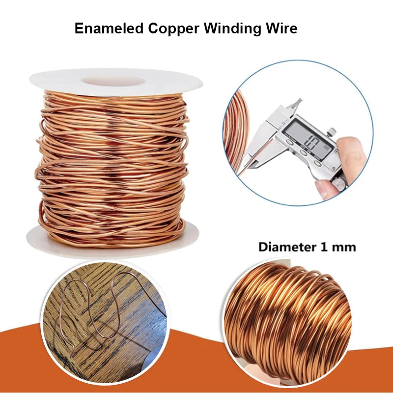 Spool of enameled copper winding wire with a caliper showing diameter 1 mm.