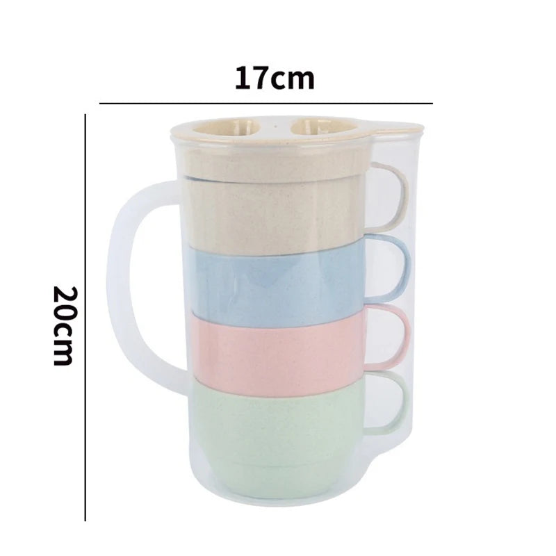 5-Piece Wheat Straw Portable Drinking Cup & Kettle Set – Reusable Eco-Friendly Picnic & Camping Drinkware