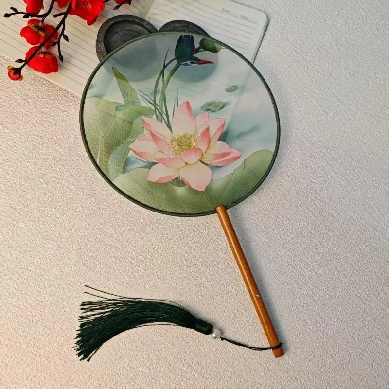 Su Embroidery Silk Round Hand Fan – Wooden Handle & Tassel