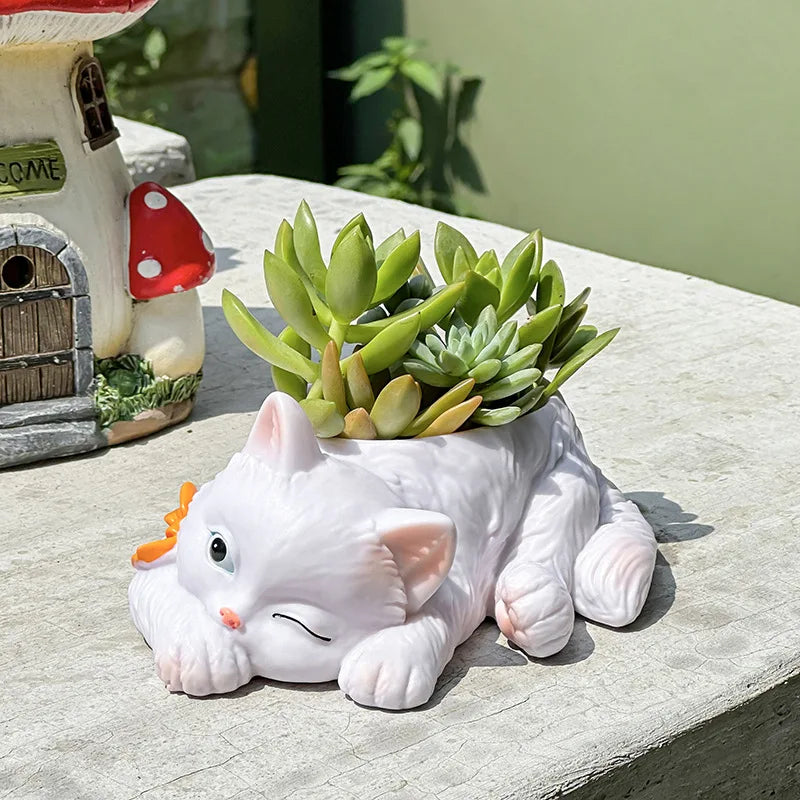 Cartoon Cat Resin Succulent Pot | Cute Desktop Plant Pot