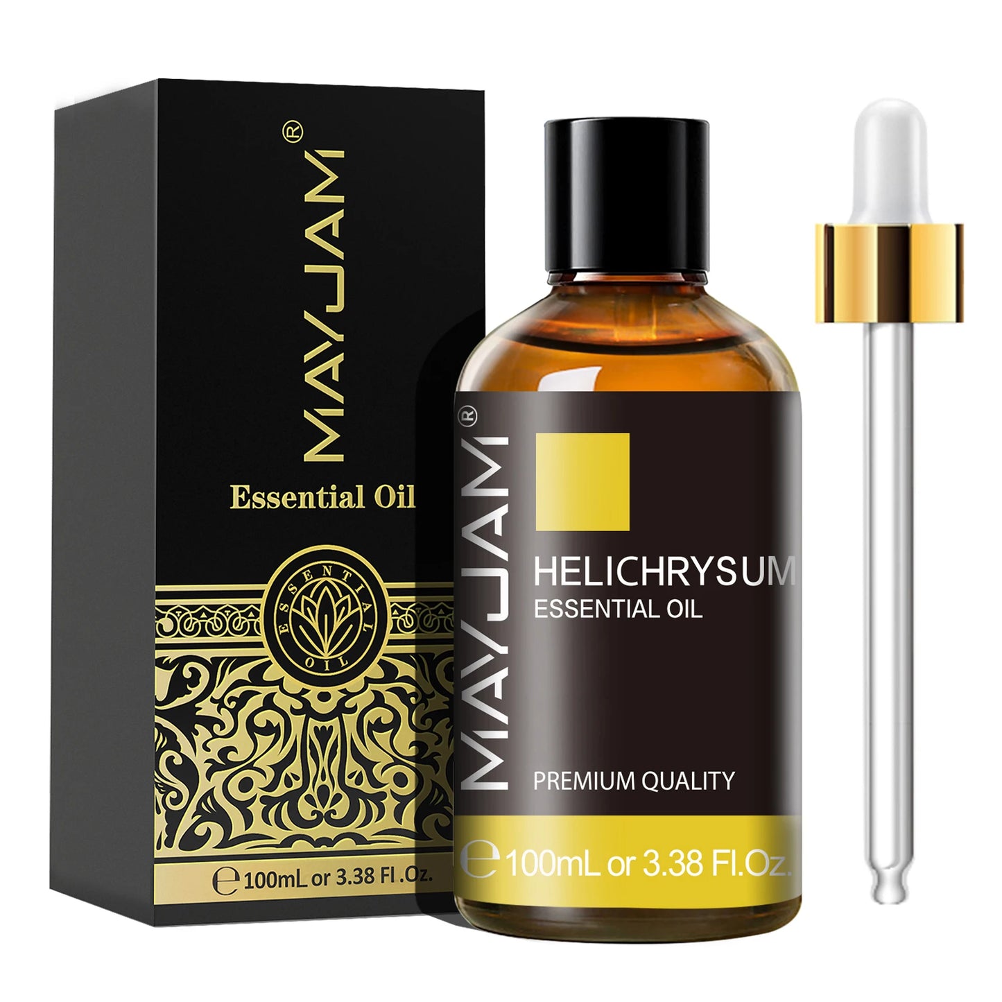 MayJam Helichrysum essential oil bottle with packaging and dropper on a white background
