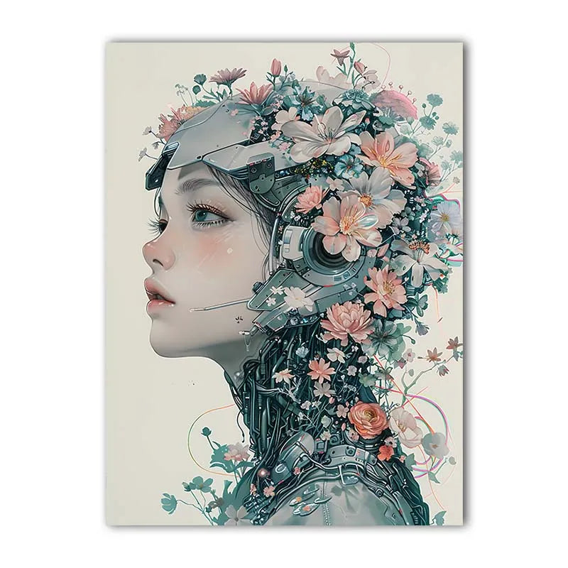 Nordic Robot Girl & Flowers Canvas Wall Art | Modern Poster Print Canvas Wall Art Print Peaceful Pleasures Health and Wellness 04 15x20cm No Frame China Mainland