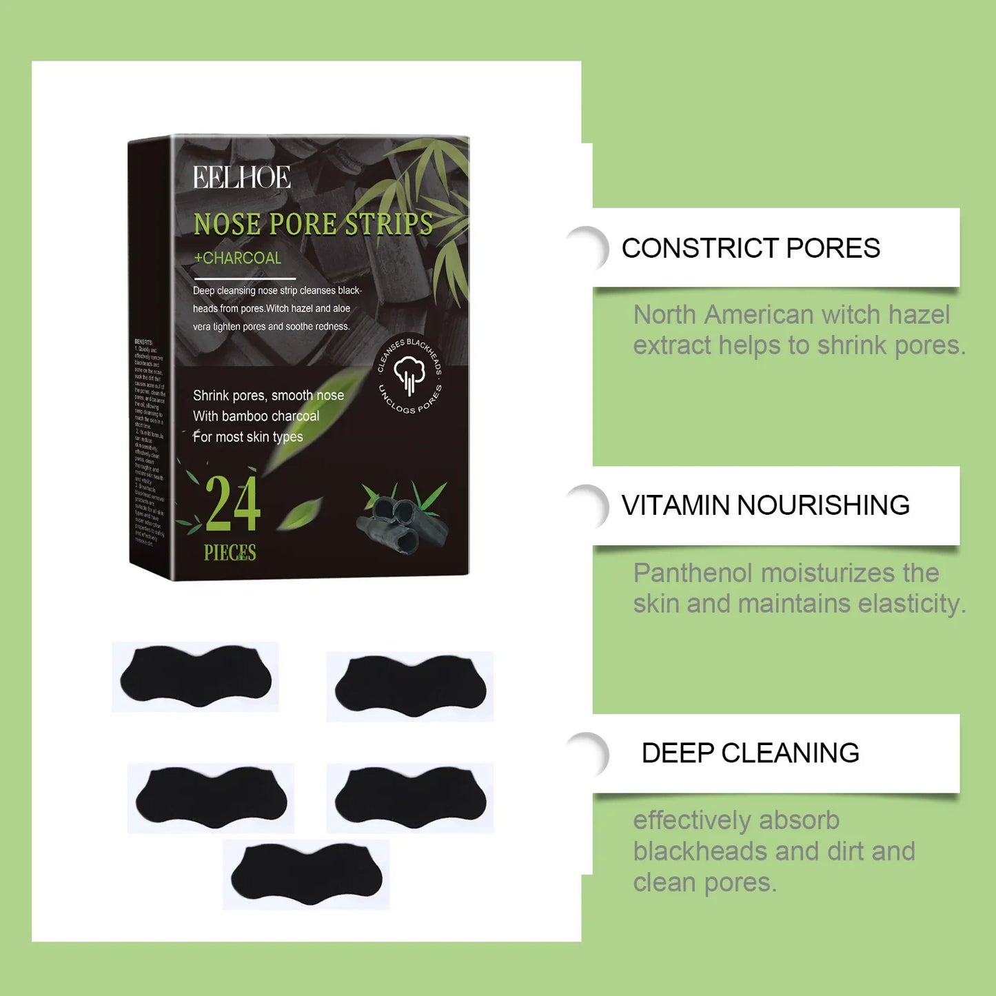 EELHOE Charcoal Bamboo Blackhead Nose Strips 24 Pack
