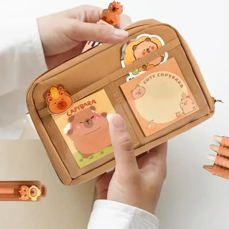 Capybara Stationery Set Cute Pencil Case With Pens Clips Rulers Sticky Note 10-Color Ballpoint Pen Pencil Organizer For Students Peaceful Pleasures Health and Wellness