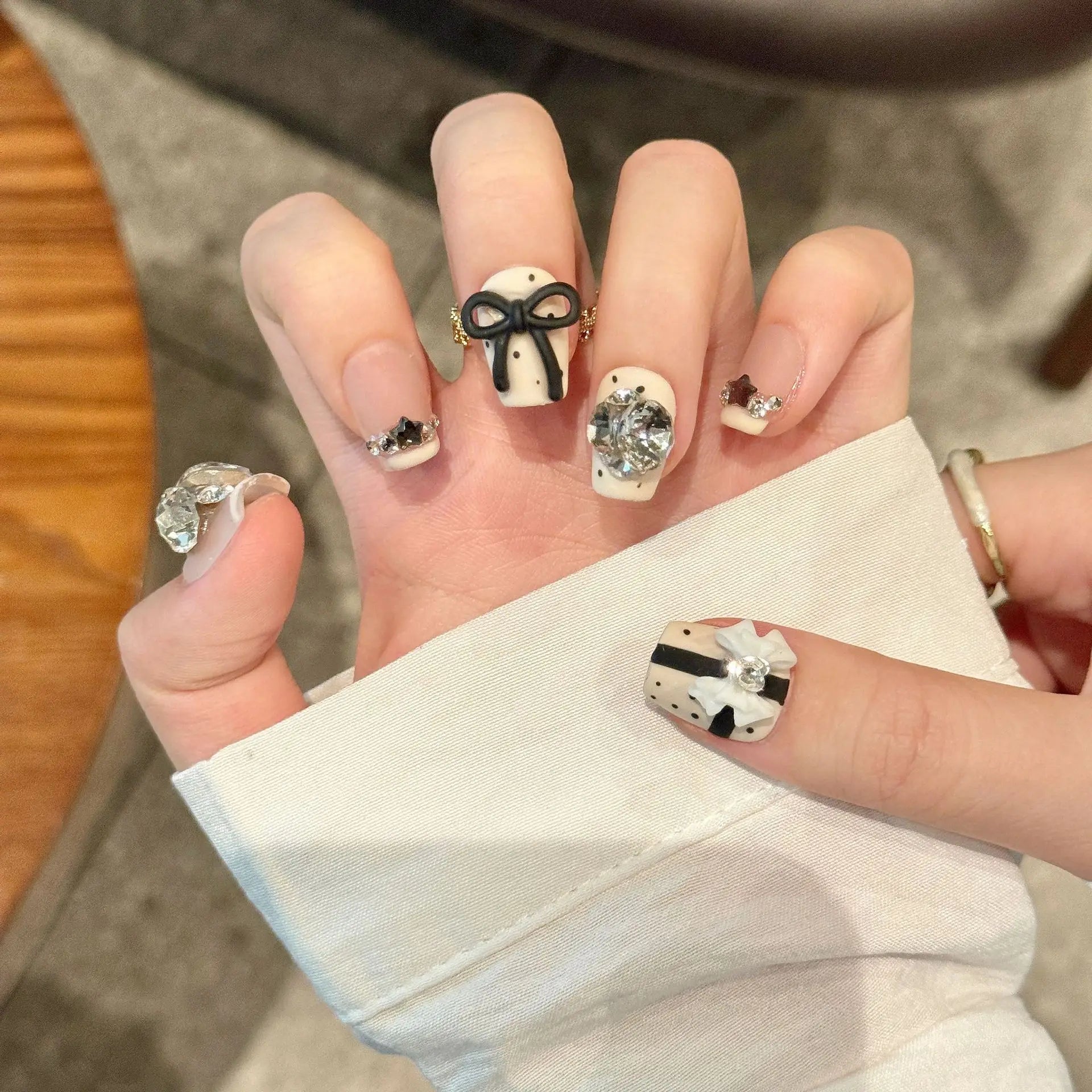Handmade Press on Nails Black Bowknot Decor French Fake Nails for Women Girl Wearable Rhinestone Design Short False Nail Tips Peaceful Pleasures Health and Wellness