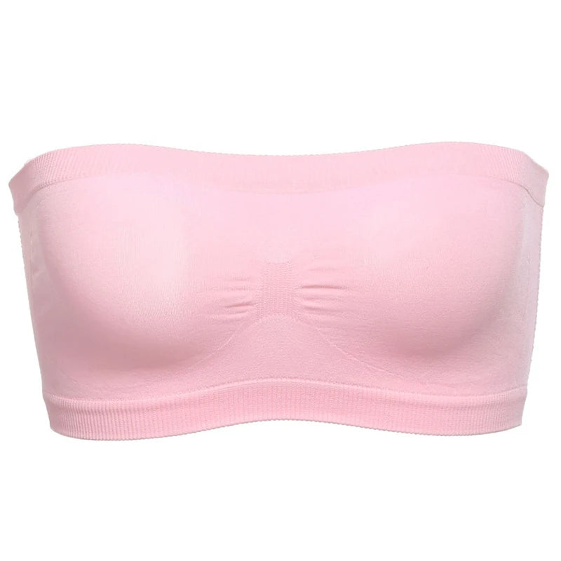Lady's Sexy Strapless Crop Top Bra Bandeau Boob Tube Brassiere Summer Breathable Mesh Invisible Strapless without Chest Pad Wrap Peaceful Pleasures Health and Wellness Pink Free Size