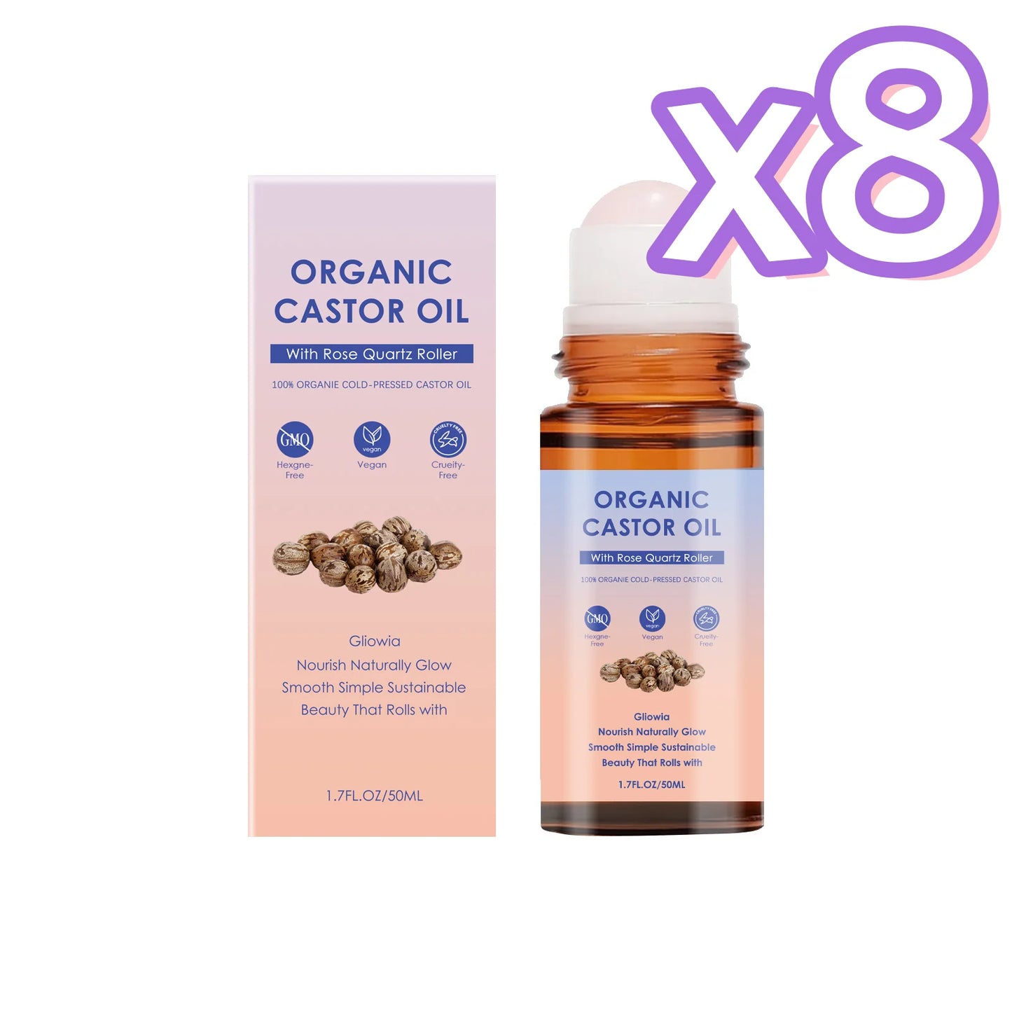 Organic Castor Oil Rose Quartz Roller Ball Moisturizing Skin Barrier Deep Repair Soothing Skin Cold-Pressed Natural Castor Oil Peaceful Pleasures Health and Wellness 50ml Boxed x 8pcs
