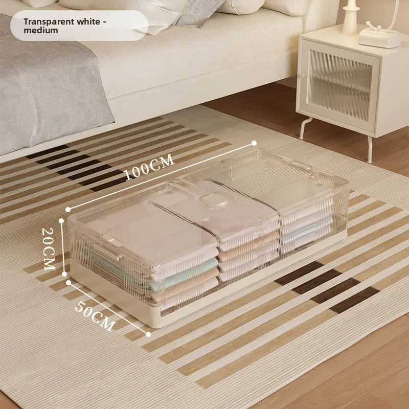 Under Bed Storage Box Foldable Plastic Transparent Extra Large with Wheels Dustproof Toy Clothes Blanket Organizer Peaceful Pleasures Health and Wellness Long M White
