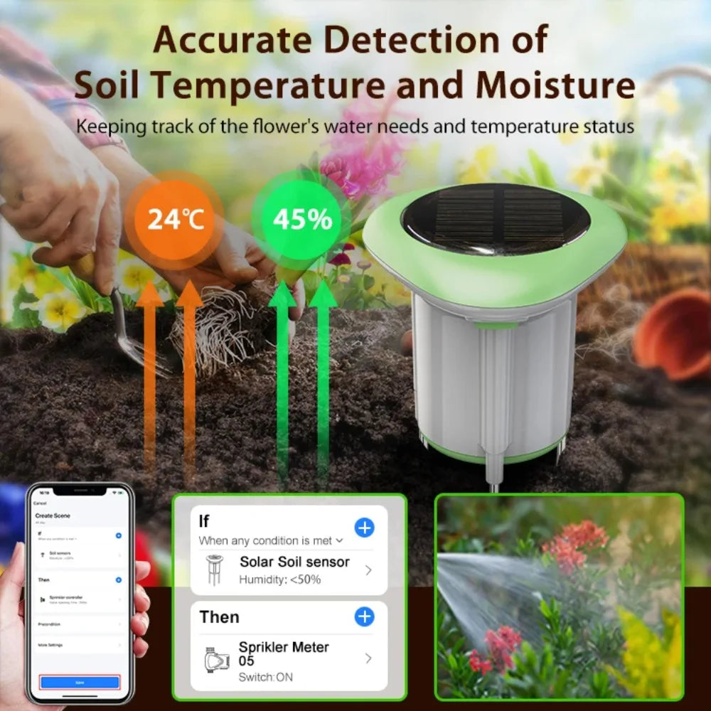 Smart WiFi Solar Soil Tester Moisture Temperature Humidity Sensor Meter Tuya APP Timer Monitor with Battery for Garden Lawn Peaceful Pleasures Health and Wellness