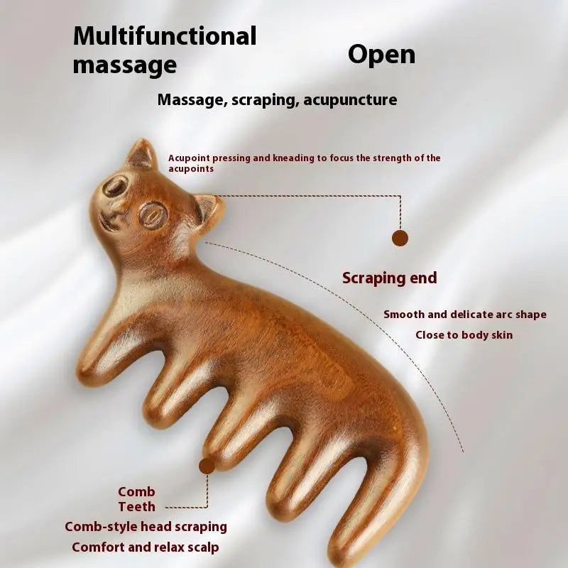 Cat Shaped Sandalwood Comb Scalp Relaxation Acupoint Massager Portable Wooden Handle Five Tooth Comb Anti-static Styling Tools Peaceful Pleasures Health and Wellness