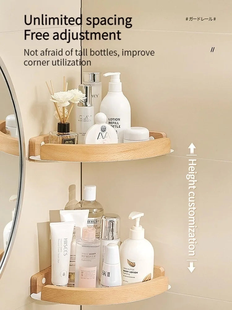 Wood & Aluminum Corner Shower Shelf | Bathroom Wall Organizer