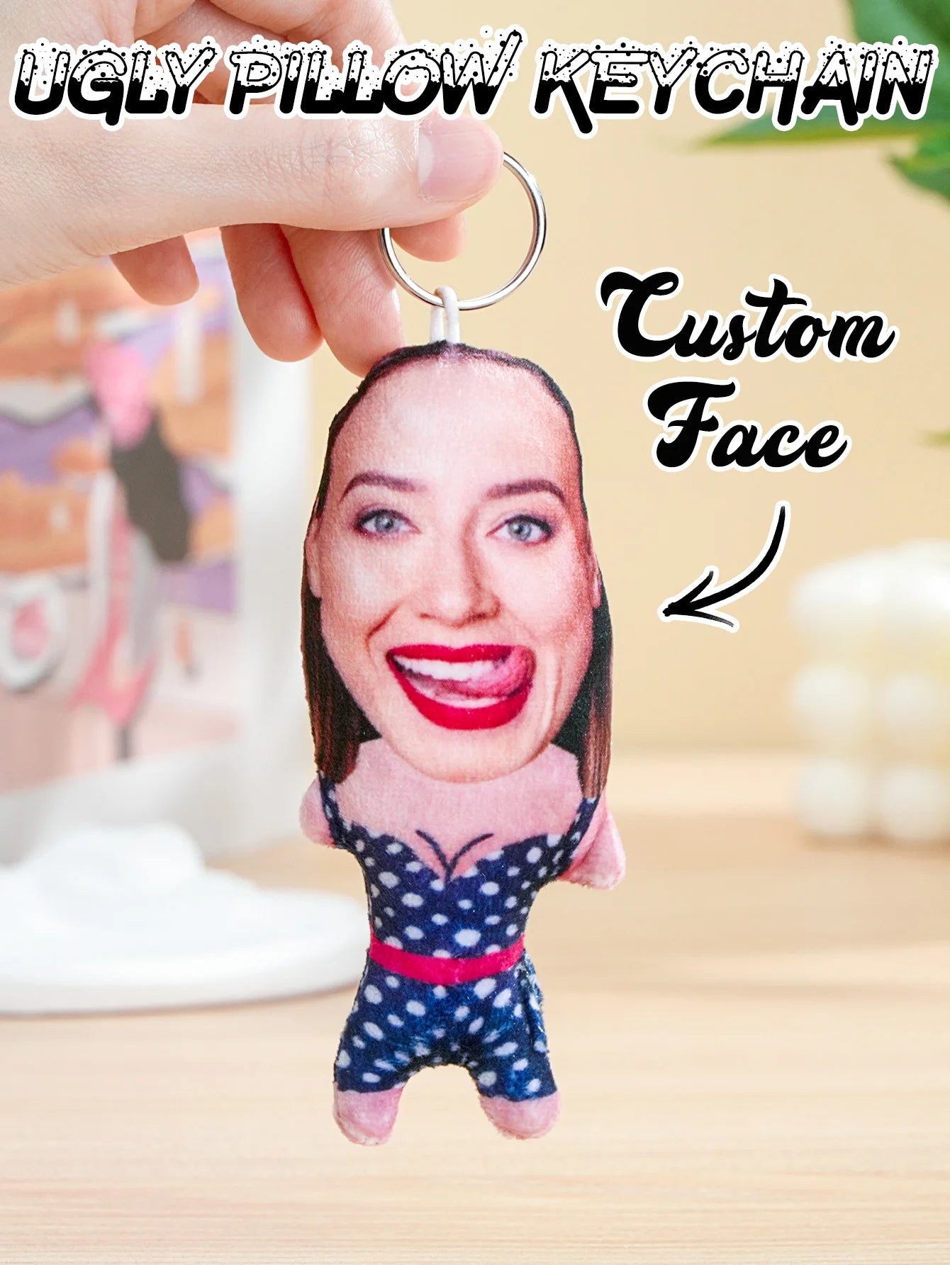 1pc Custom Face Pillow Keychain Funny Ugly Plush Keychain Custom Photo Keyring Gift For Friends Family Boyfriend Girlfriend Peaceful Pleasures Health and Wellness Style 7 6x12cm