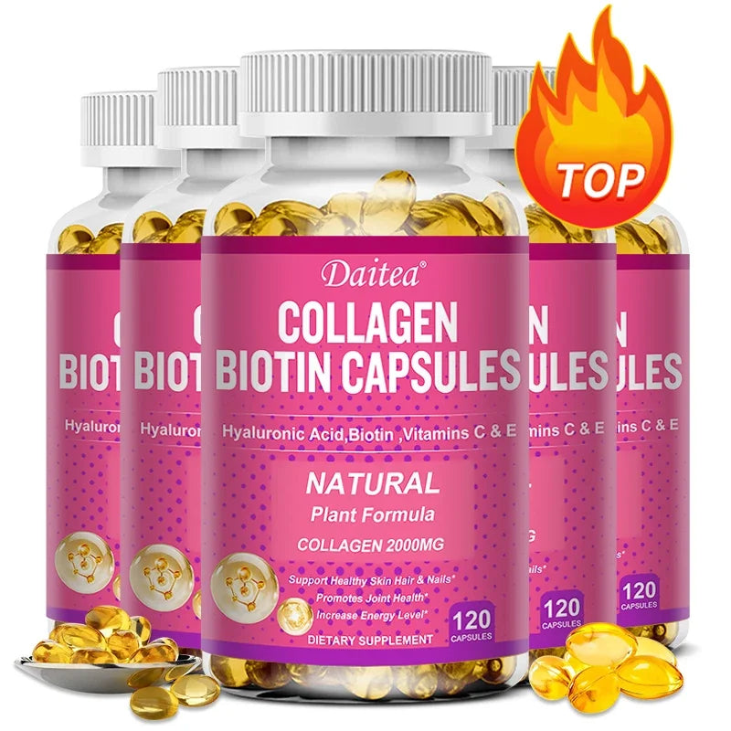 Collagen Biotin Supplement - Hyaluronic Acid Biotin Vitamin C E - Hair Skin Nails Joint Support and Energy Boost Vegan Capsules Peaceful Pleasures Health and Wellness