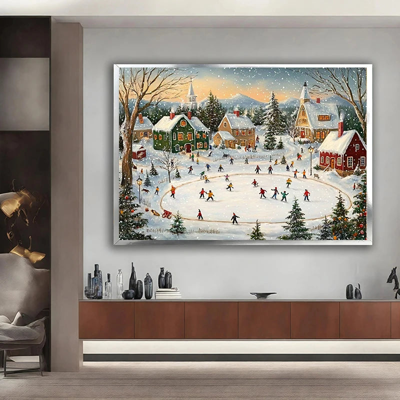Vintage Christmas Train Holiday Winter Snow Farmhouse Town Village Poster Print Canvas Painting for Living Room Home Decor Peaceful Pleasures Health and Wellness