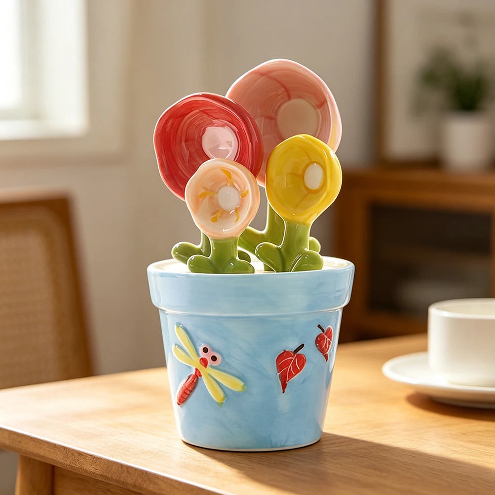 Ceramic Flower Measuring Spoons Holder Set With Holder,Charming Kitchen Decor For Room Decor,For Baking Cooking Accesories﻿ Peaceful Pleasures Health and Wellness