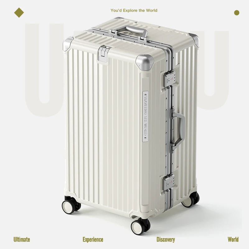 Hard Shell Carry-On Suitcase Rolling Travel Luggage with Spinner Wheels 20 24 26 28 30 Inch Large Capacity Durable Luggage Peaceful Pleasures Health and Wellness White Aluminum Frame 28 inch