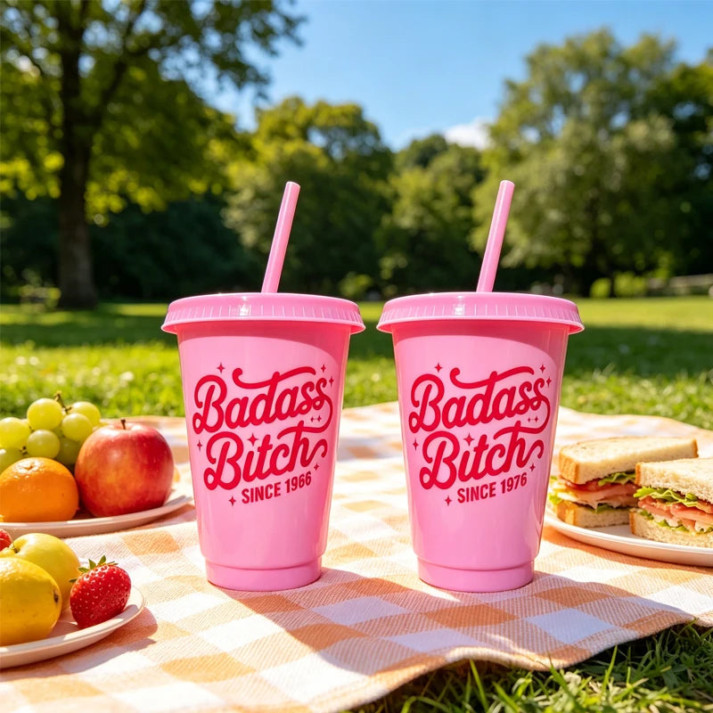 Pink Retro 16oz Birthday Cup with Straw | 30th–60th Party