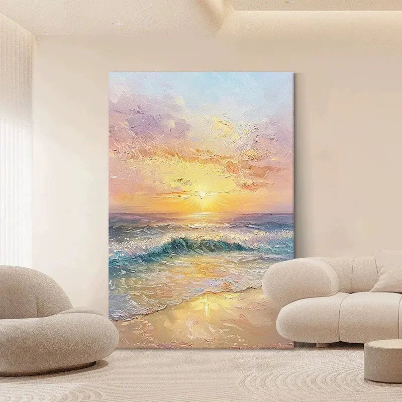 Mondern Abstract Sunrise Seaside Waves Picture For Home Wall Decor Handmade Oil Painting On Canvas Mural For Living Room Bedroom Peaceful Pleasures Health and Wellness
