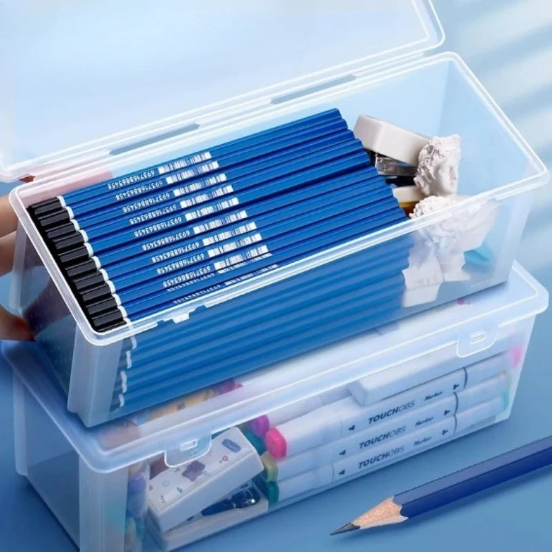 2Pcs Transparent Dustproof Waterproof PP Plastic Pencil Organizer Portable Stationery Storage Box for Students & Office Workers Peaceful Pleasures Health and Wellness A 2pcs