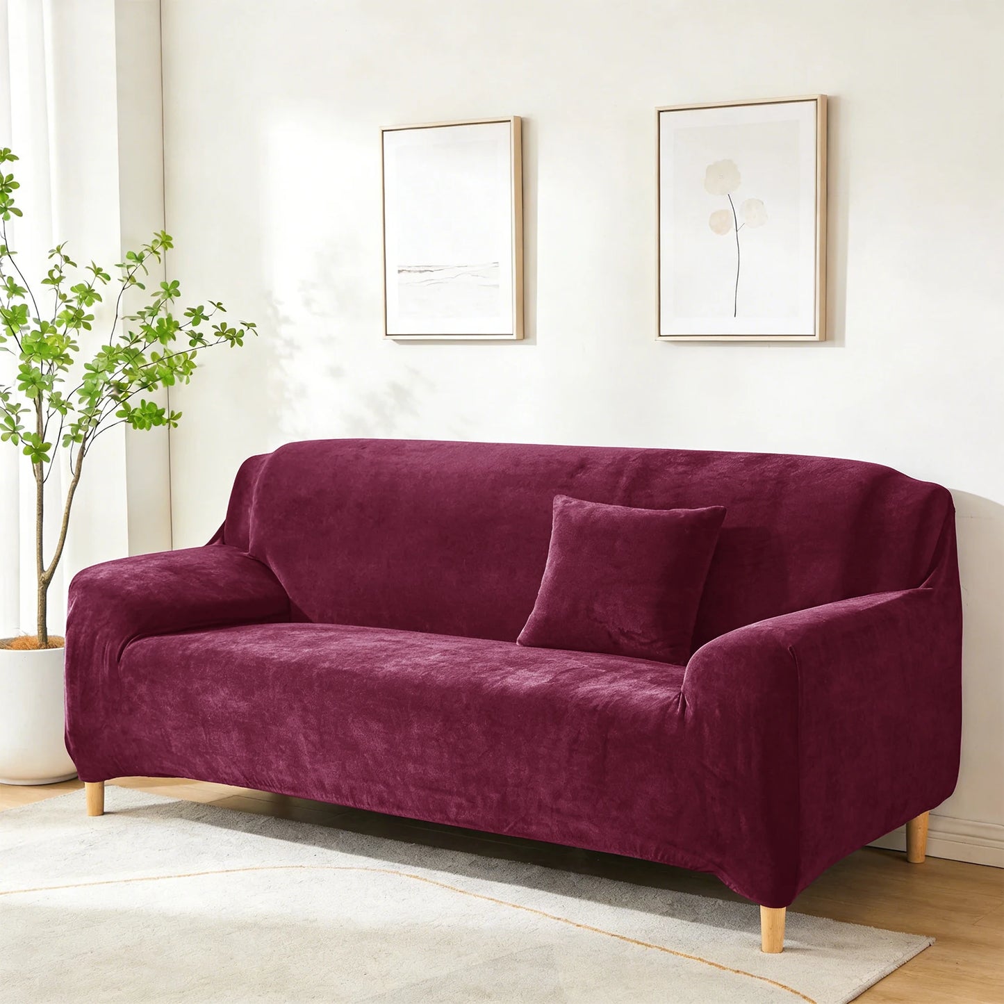 New Velvet Plush Stretch Sofa Slipcover Non Slip Soft Couch Loveseat Covers Furniture Protector with Elastic Bottom for Kids Pet Peaceful Pleasures Health and Wellness Wine Red 4 Seat ( 225-290cm)
