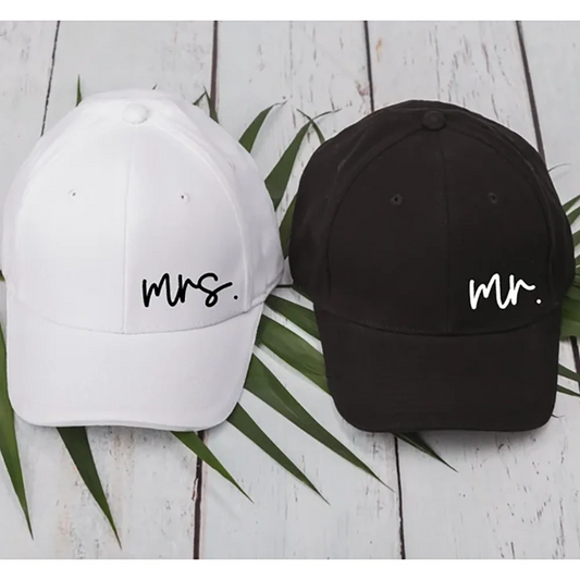 Mr. & Mrs. Cursive Dad Hats | Newlywed Wedding Couple Caps Couple Wedding Hats Peaceful Pleasures Health and Wellness