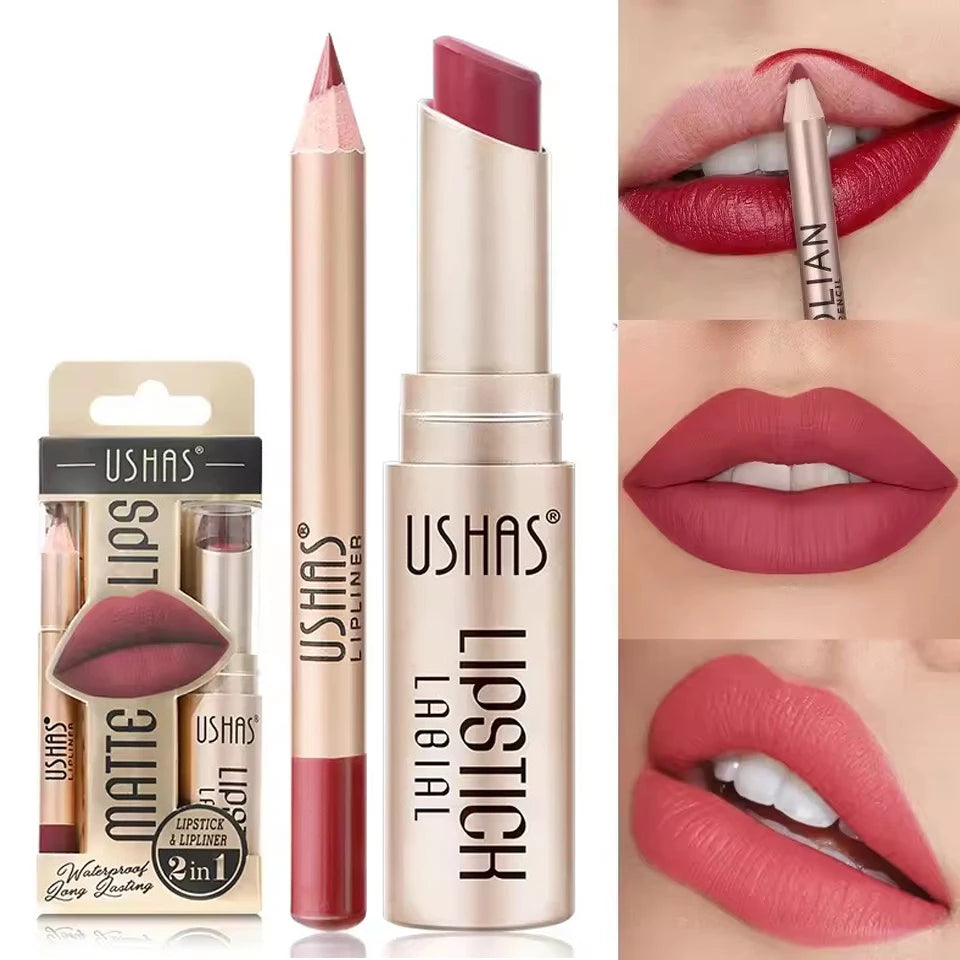 Professional 2 In 1 Lip Liner Lipstick Set Matte Finish High Pigment Long Lasting Waterproof Sweatproof Cosmetic Beauty Makeup Peaceful Pleasures Health and Wellness