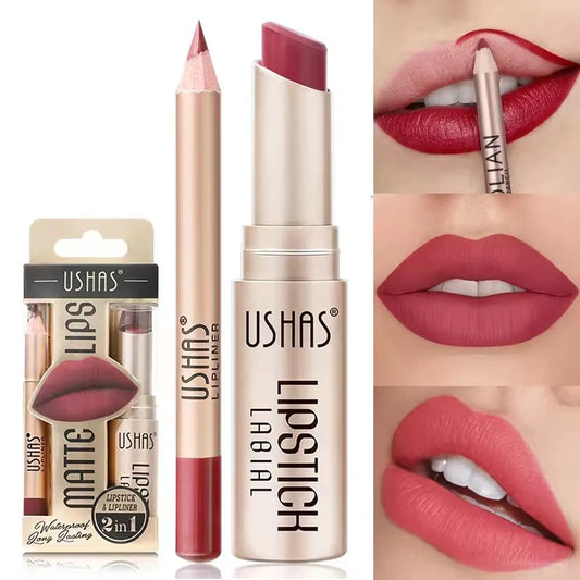 Professional 2 In 1 Lip Liner Lipstick Set Matte Finish High Pigment Long Lasting Waterproof Sweatproof Cosmetic Beauty Makeup Peaceful Pleasures Health and Wellness