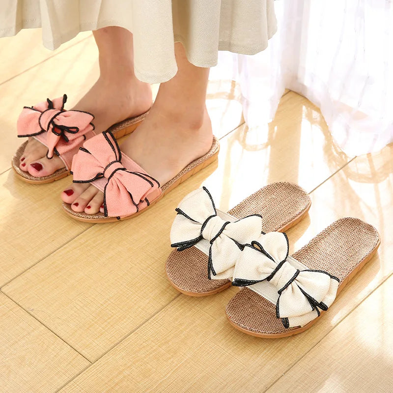 Women's Linen Bow Slides – Summer Indoor Slippers & Sandals