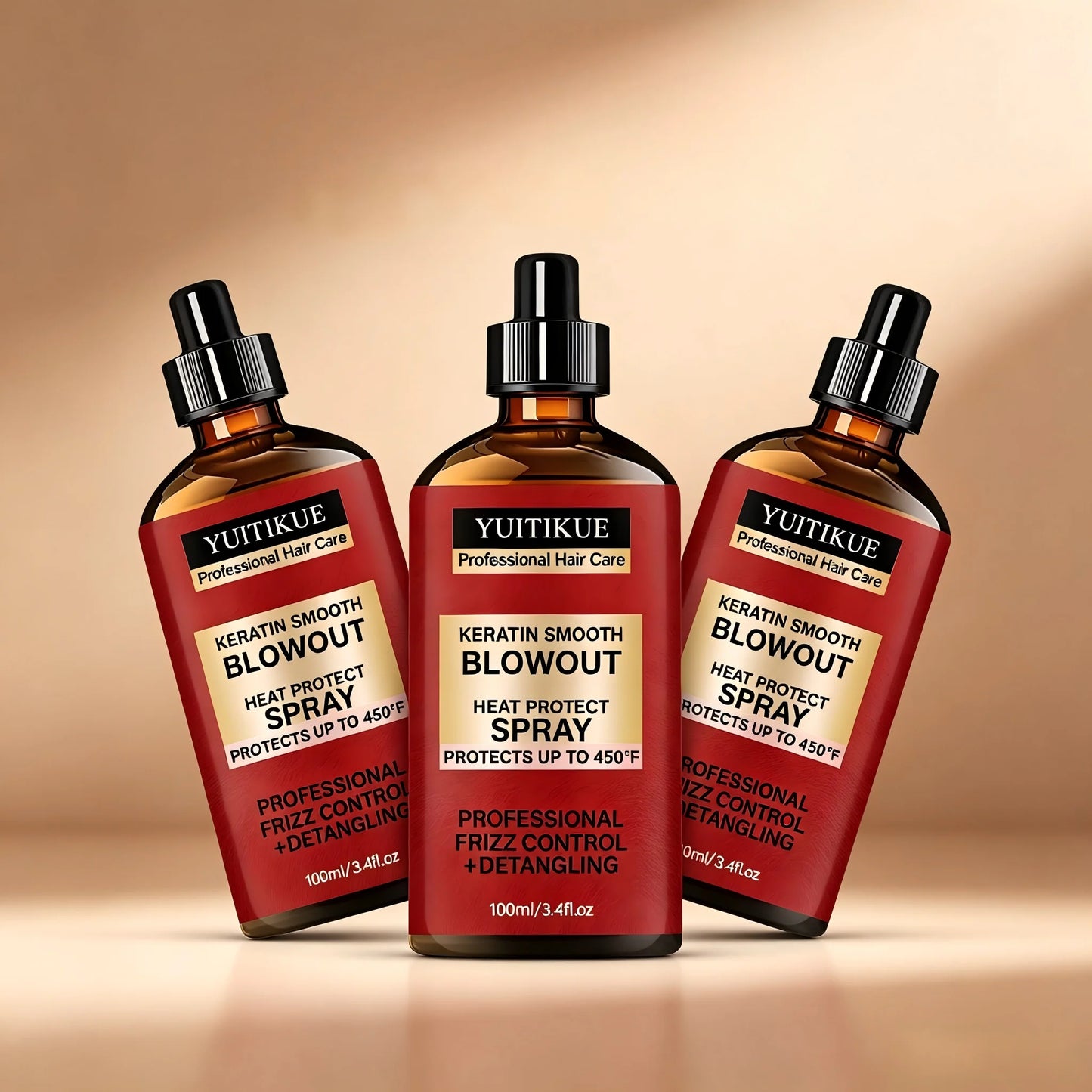 YUITIKUE Keratin Smooth Blowout Heat Protect Spray 100ml Up to 450°F Frizz Control Detangling Hair Care Peaceful Pleasures Health and Wellness 3pc