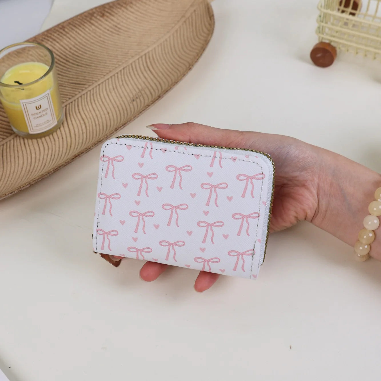 Korean style Multi-slots Zipper Mini Coin Purse Pink Sweet Bowknot Card Holder Women Girls PU Leather Portable Travel Wallet Peaceful Pleasures Health and Wellness white